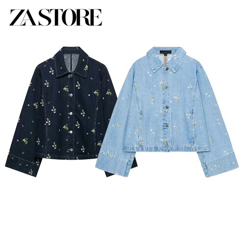 ZA 夏季新品女装金属纽扣翻领长袖刺绣花朵牛仔夹克外套 7147032