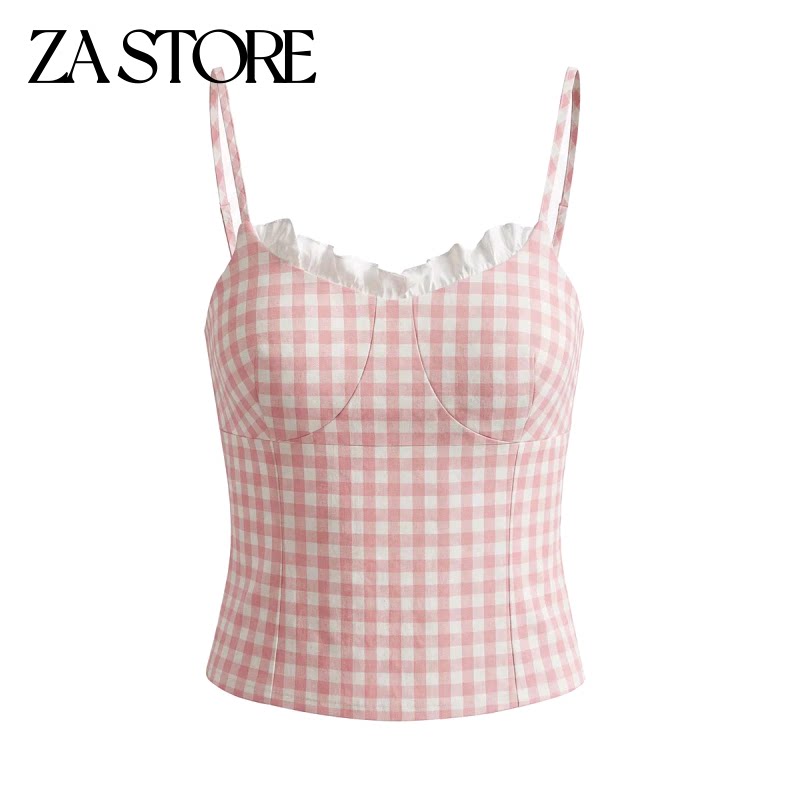 春季新品女装法式甜美风方领无袖格纹麻花边修身显瘦吊带上衣