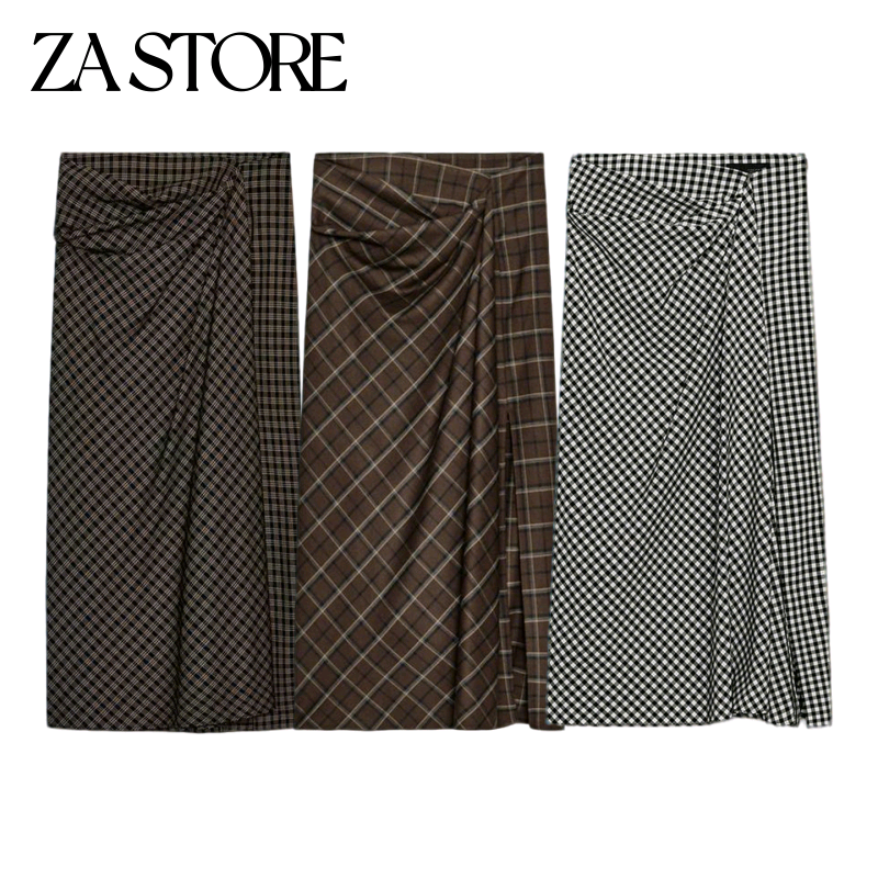 ZA 春夏新品女装高腰褶皱格纹开衩裙子 9773314  9773164 4333043