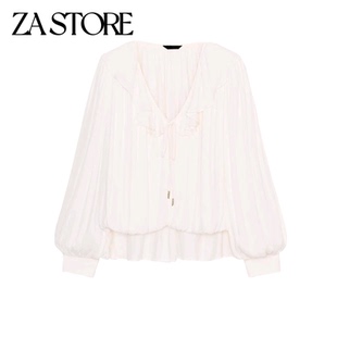 春季新品女装极简风深V领长袖带垫肩叠层装饰垂性衬衫 2138842