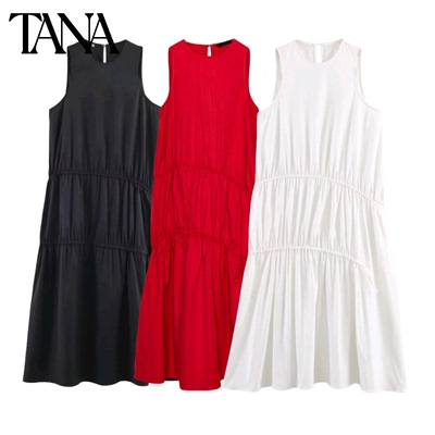 春季新品女装ins风圆领无袖尼龙蝴蝶结饰中长版连衣裙 4772308