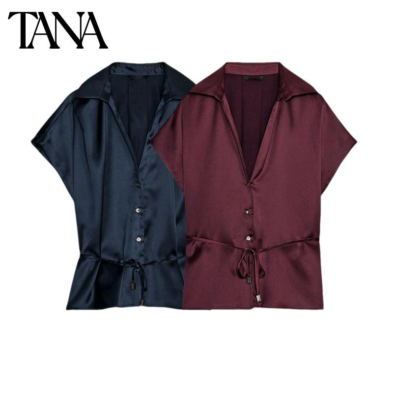 冬季新品女装极简风单排多扣丝缎质感腰带短袖V领衬衫 8528399