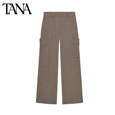 春季新品女装法式设计极简风高腰直筒千鸟格工装长裤 9303157