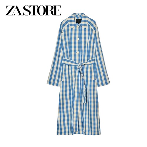 ZA 夏季新品女装ins风口袋饰边翻领长袖长款格纹风衣外套 5063700