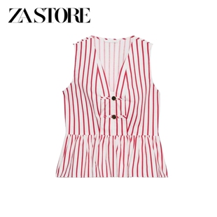 ZA 夏季新品女装法式简约无袖V领A字形裙式下摆条纹上衣 3897120