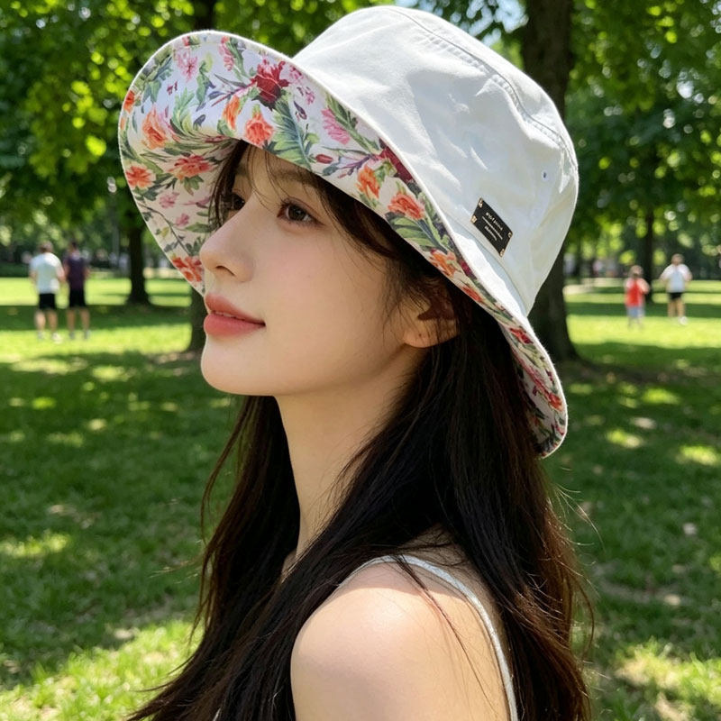 碎花贴标渔夫帽子女夏ins韩版素颜百搭时尚大沿遮阳逛街盆帽白色