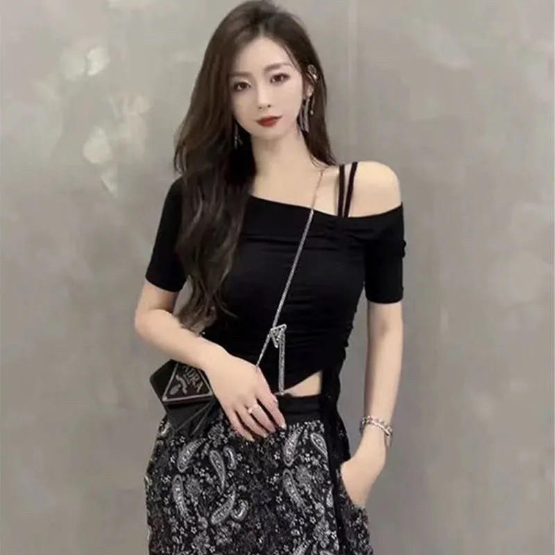 美式复古低领正肩短袖t恤女夏季新款纯欲辣妹短款上衣设计感小众