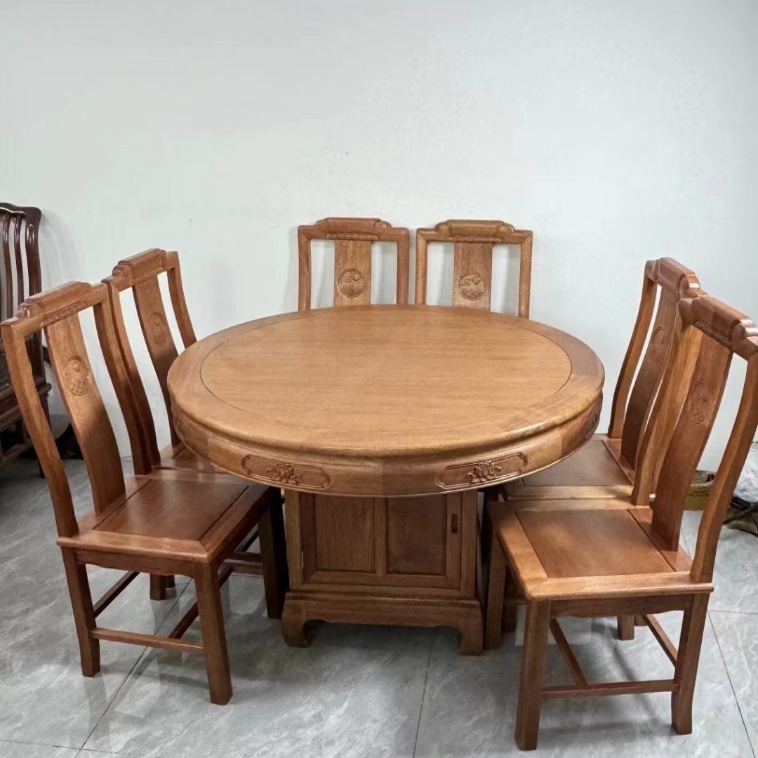 红木圆餐桌菠萝格木圆形台1.38米饭桌中式原木吃饭桌配6椅全实木