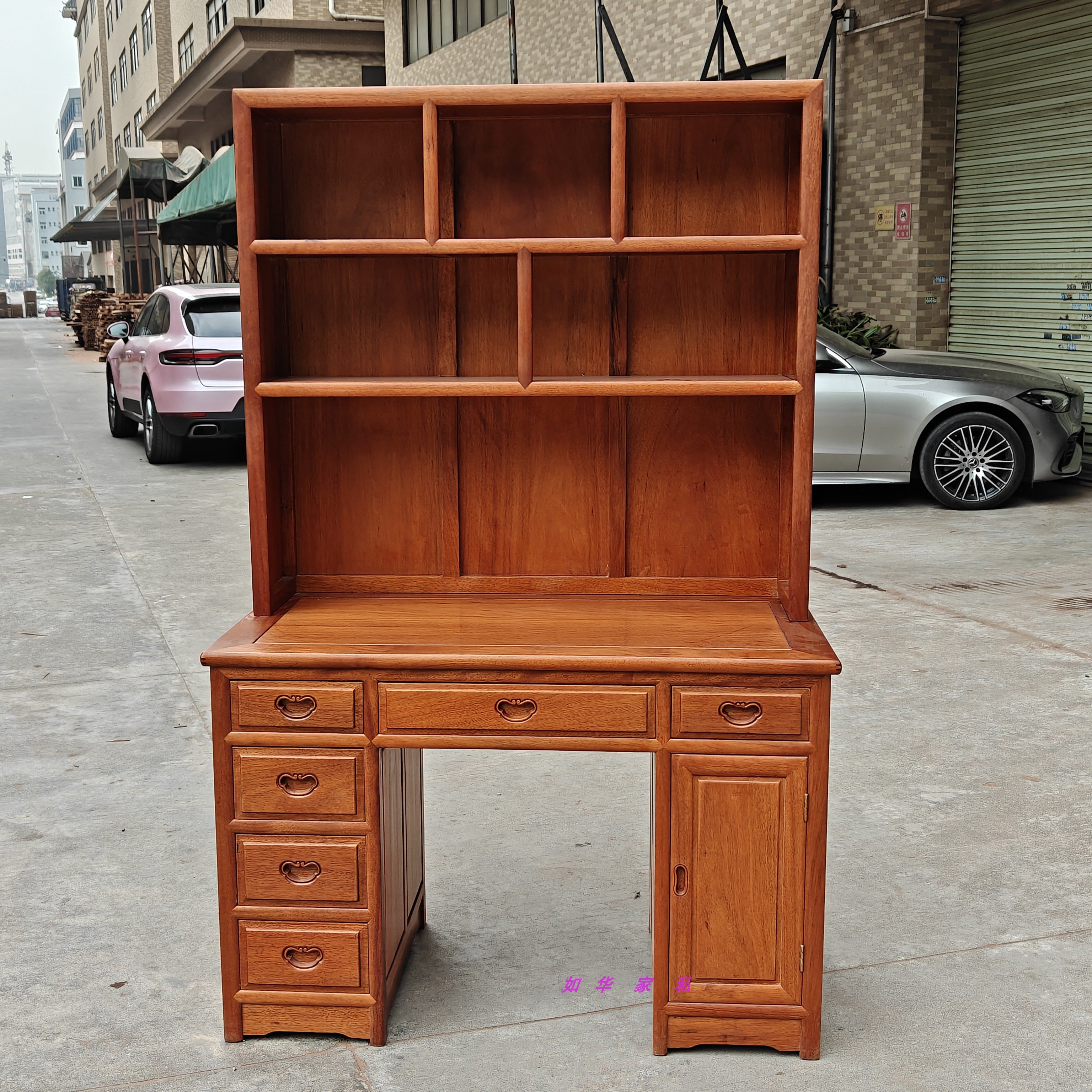 进口菠萝格书桌红木台式电脑桌花梨木写字台新中式全实木桌书架台