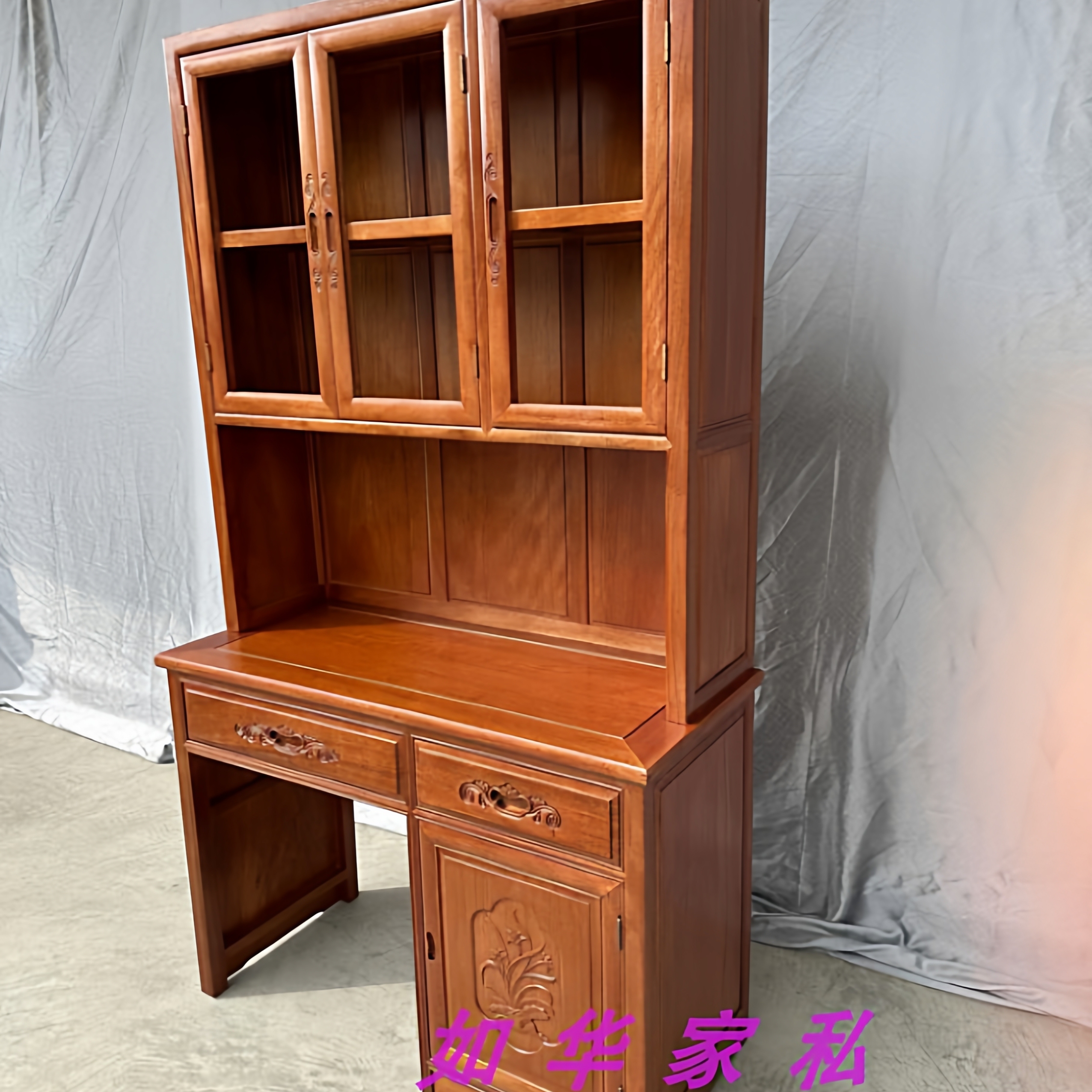 红木菠萝格木写字台新中式电脑桌办公书架一体台式电脑桌全原木台