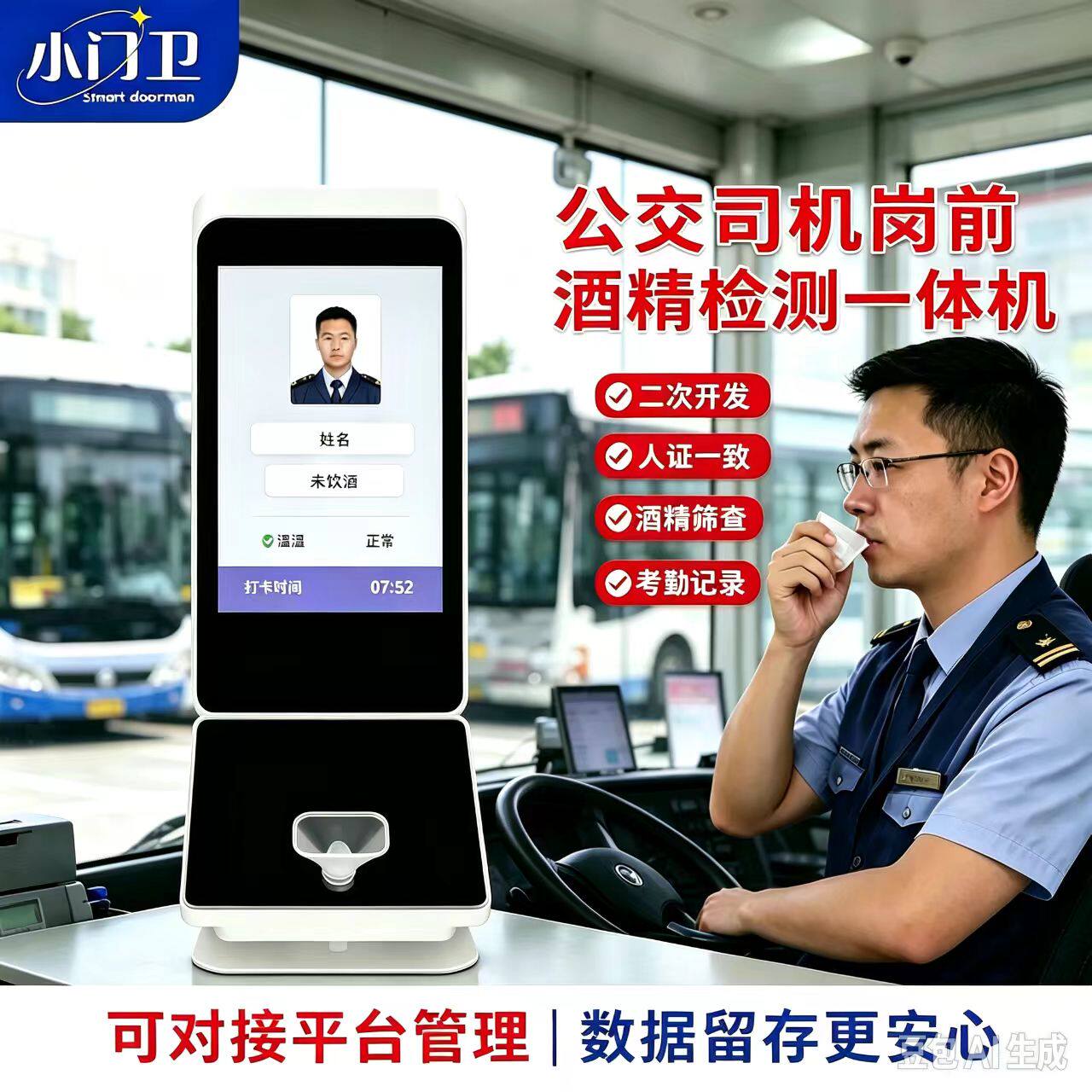 小门卫驾驶员矿山公安专用岗前防替吹人脸识别酒精检测考勤一体机