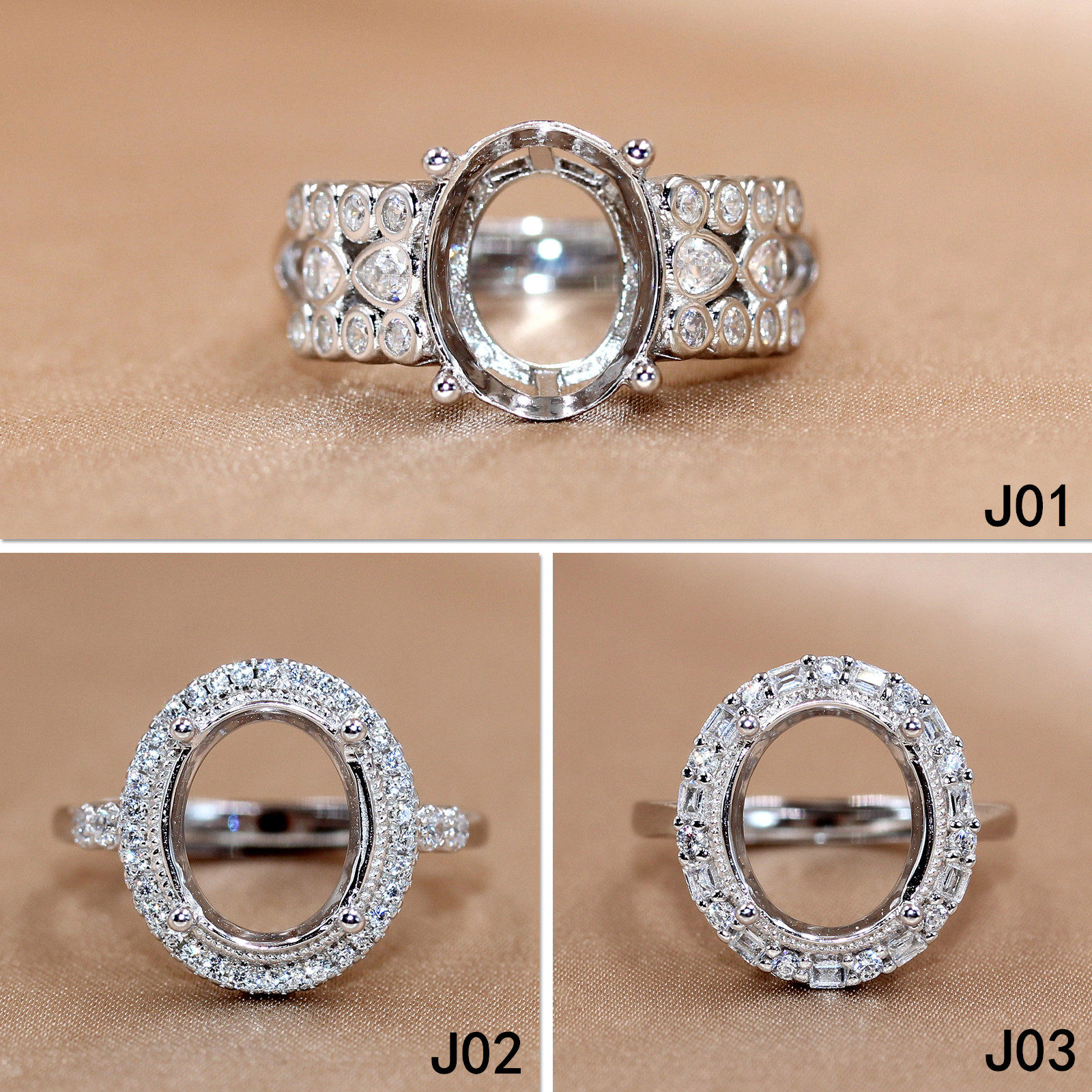 精工S925银戒指空托椭圆形女镶嵌来石定制玫瑰金8*10-9*11-10*12