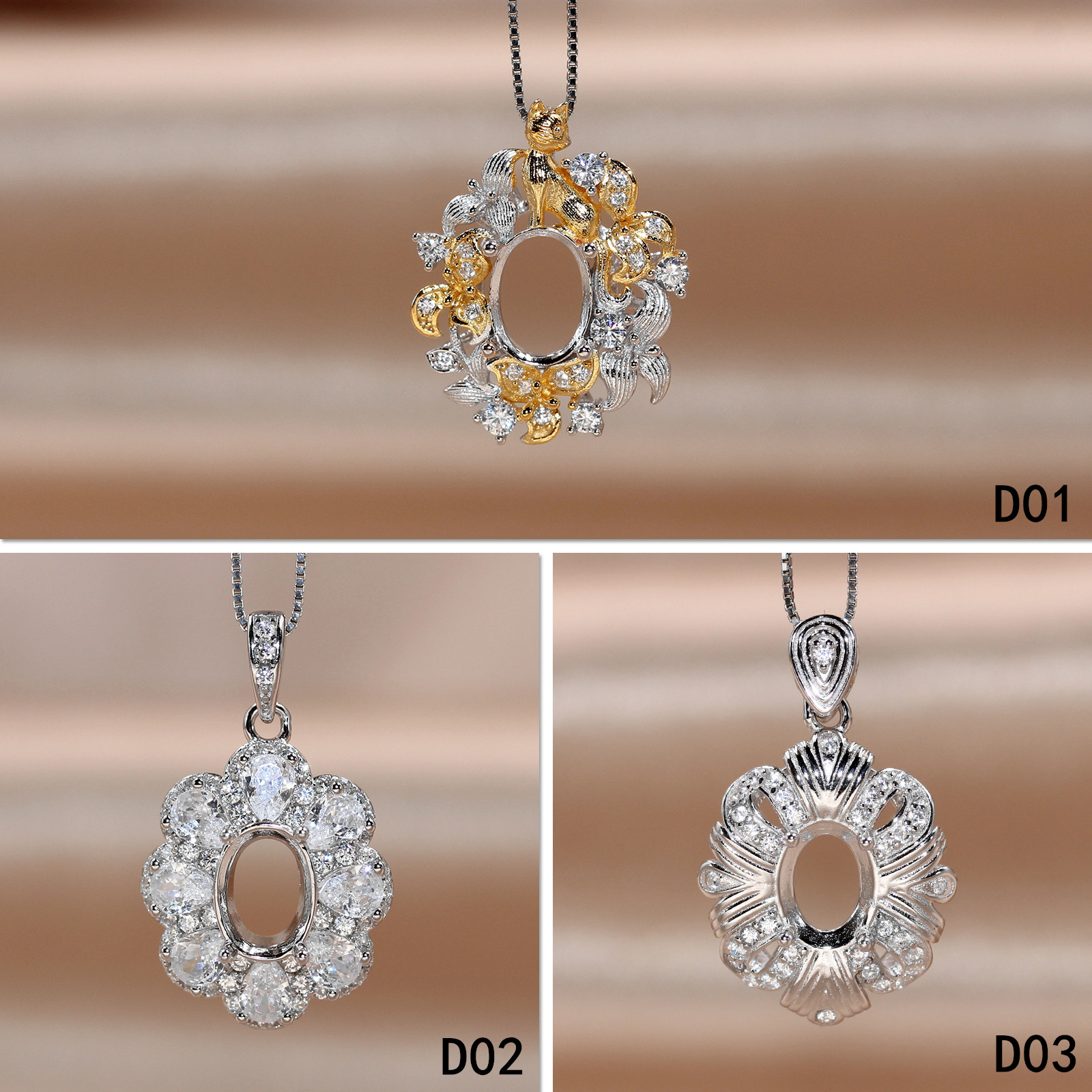 精工S925银吊坠空托女来石代镶嵌豪华百搭DIY定制白黄玫瑰金6*8mm