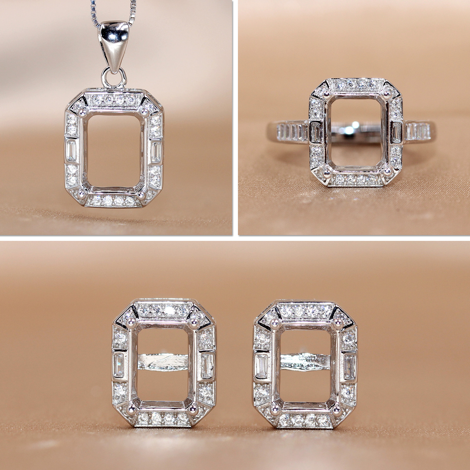 精工S925纯银戒指吊坠耳钉空托长方形女镶嵌来石定制18K金6*8-7*9