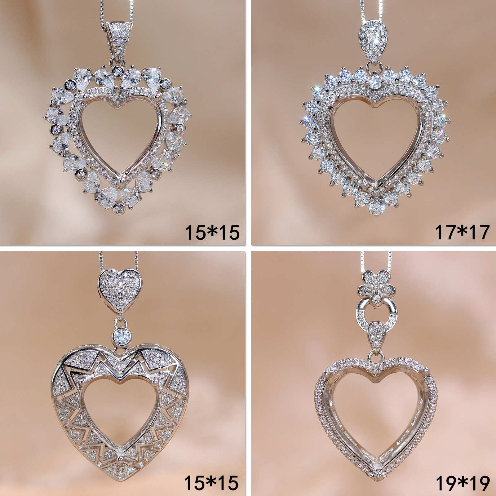 精工S925纯银吊坠空托心形女镶嵌来石定制18K金15*15-17*17-19*19