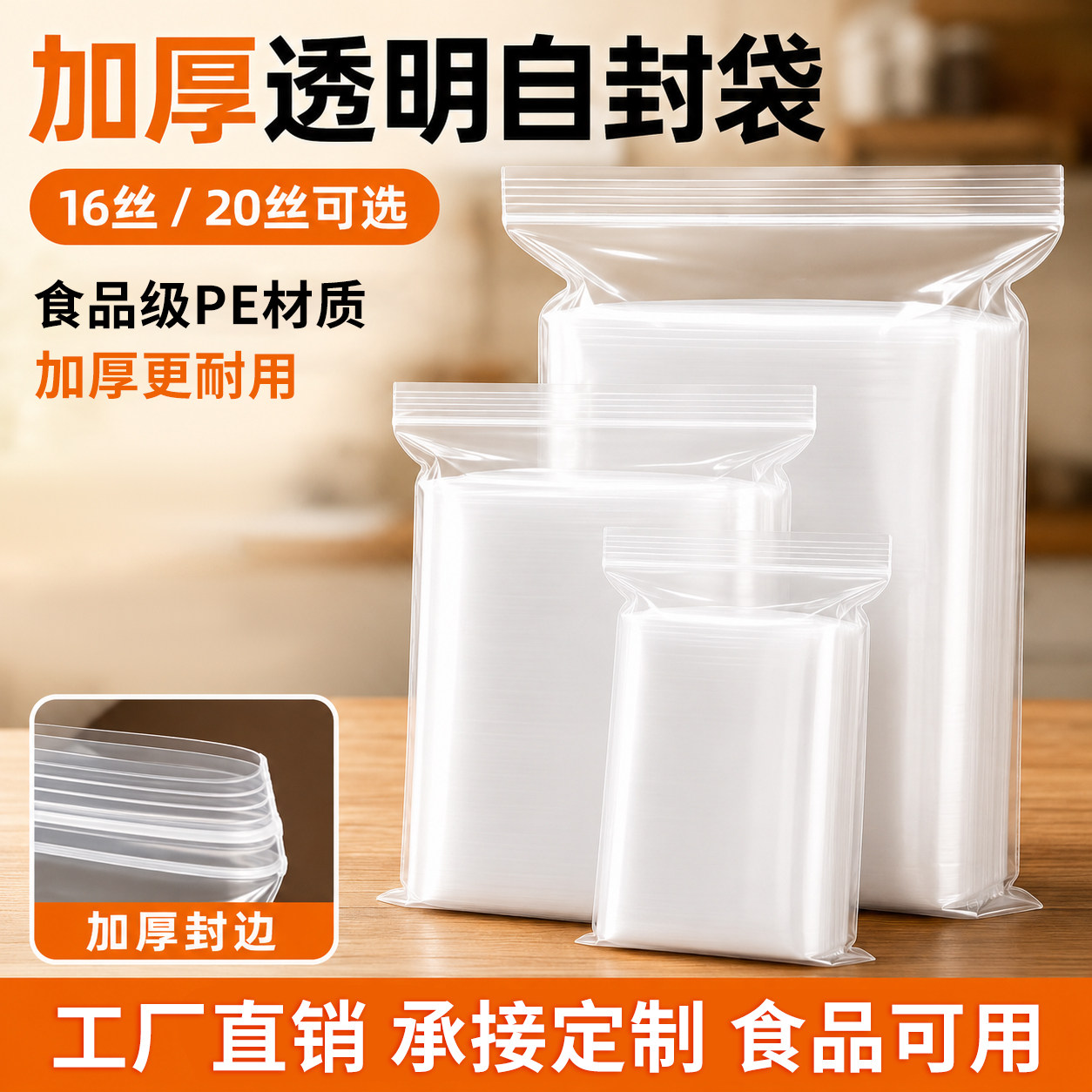 加厚透明自封袋食品级塑料pe密封口包装袋子20丝收纳大号样品小号