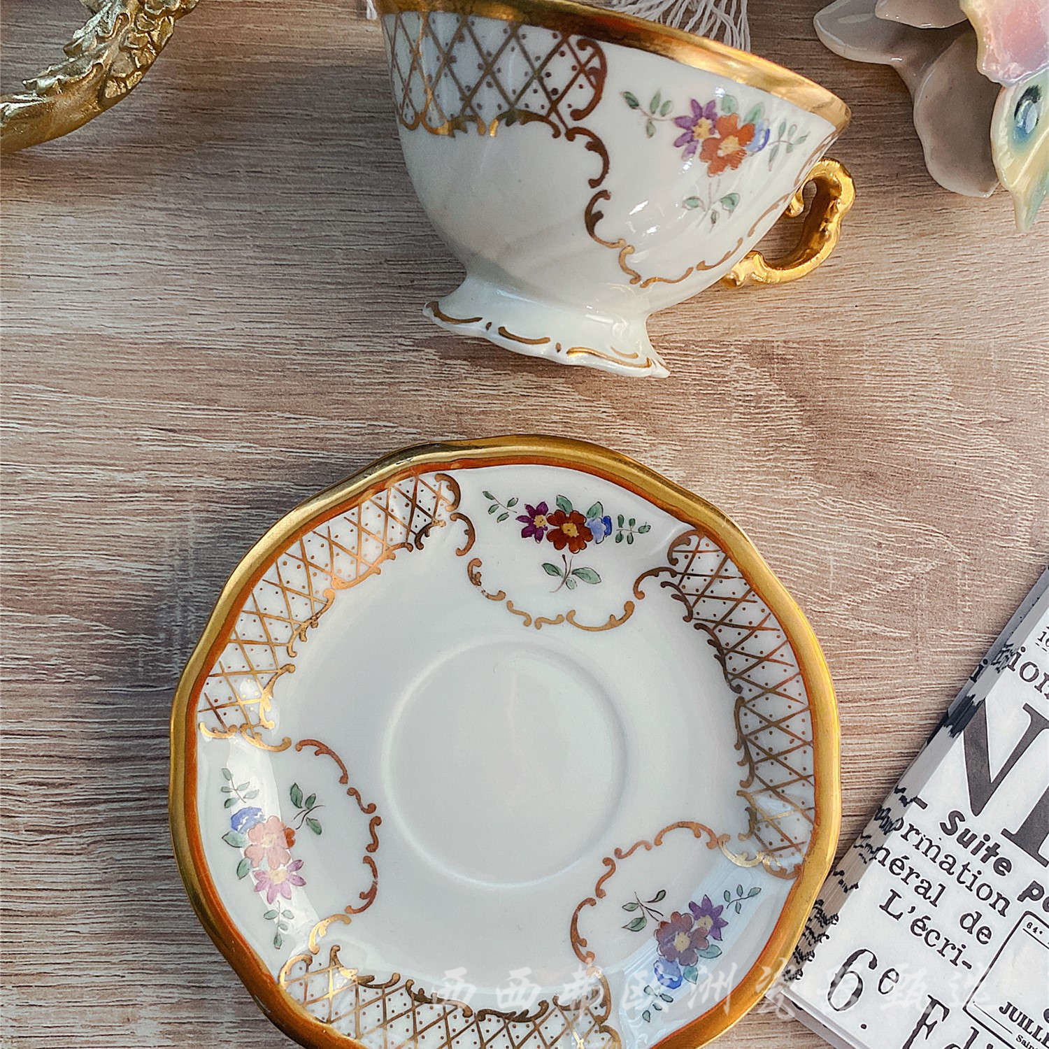 vintage狮牌hutschenreuther孤品22k描金手绘德国中古陶瓷咖啡杯