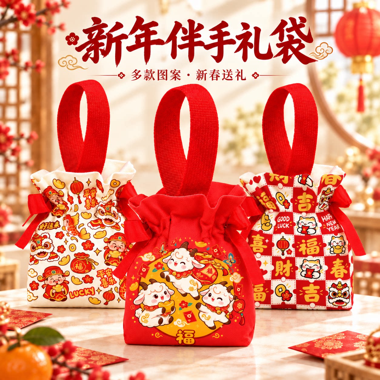 2027新年醒狮福袋抽绳糖果袋
