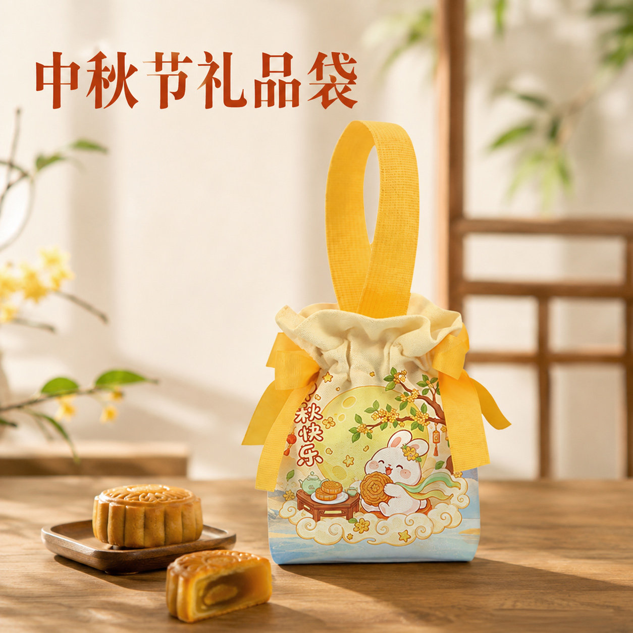 2026新款中秋月饼礼盒创意实用卡通兔子精美印花伴手礼帆布束口袋