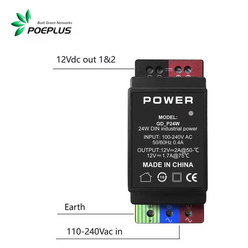 Din 110-240Vac to 12V2A dual DC output  voltage converter