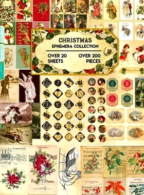 预订 Christmas Ephemera Collection: 20 Sheets and Over 200 Vintage Ephemera Seasonal Pieces for DIY Christmas Cards, Bot