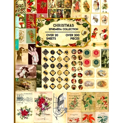 预订 Christmas Ephemera Collection: 20 Sheets and Over 200 Vintage Ephemera Seasonal Pieces for DIY Christmas Cards, Bot