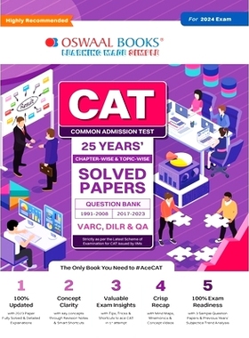 预订 Oswaal CAT 25 YEARS Chapter-wise & Topic-wise Solved Papers (VARC, DILR & QA) (1991-2008 & 2017-2023) for 2024 Exam