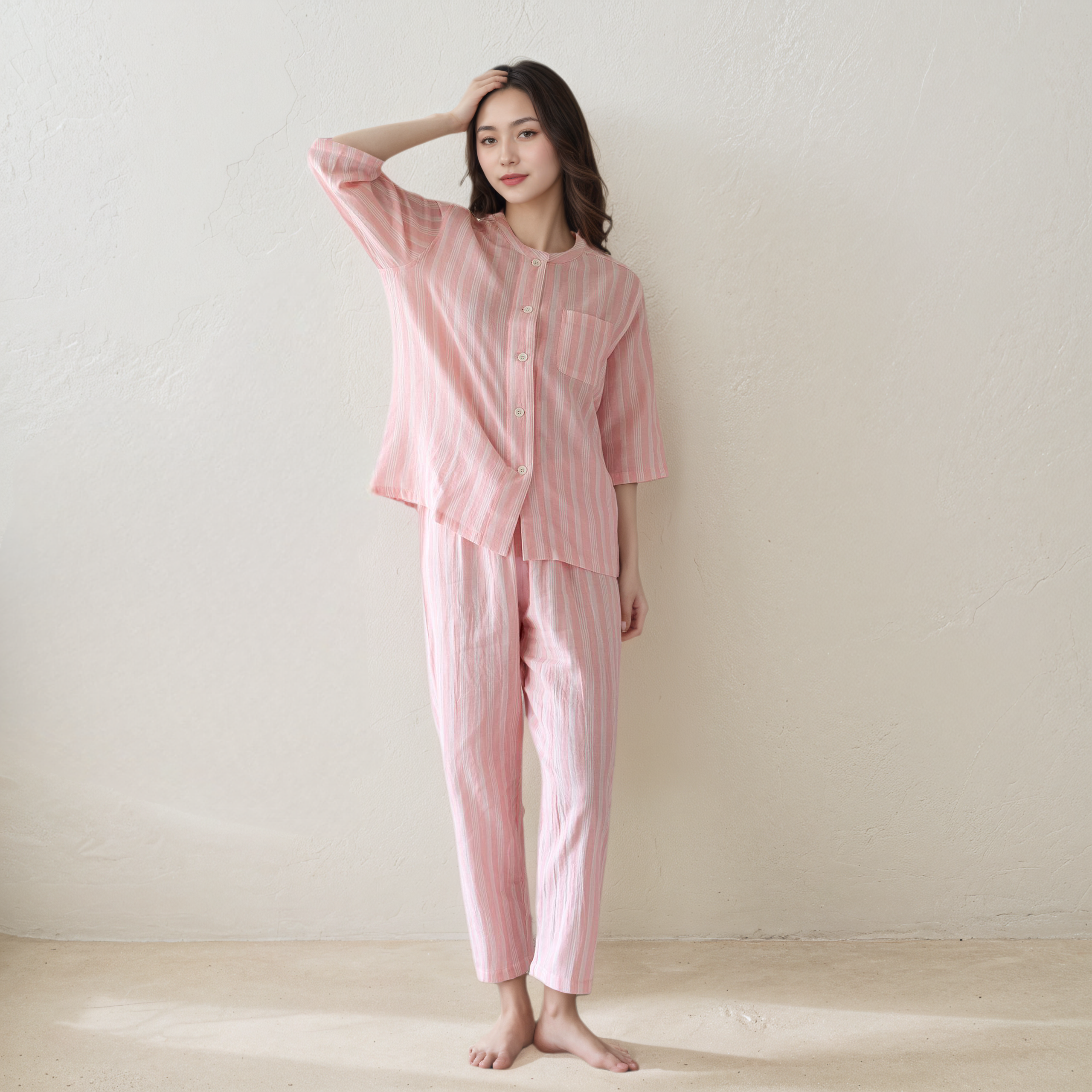 无印撤柜100%全棉双层纱家居服新中式A类母婴级纯棉女式套装睡衣