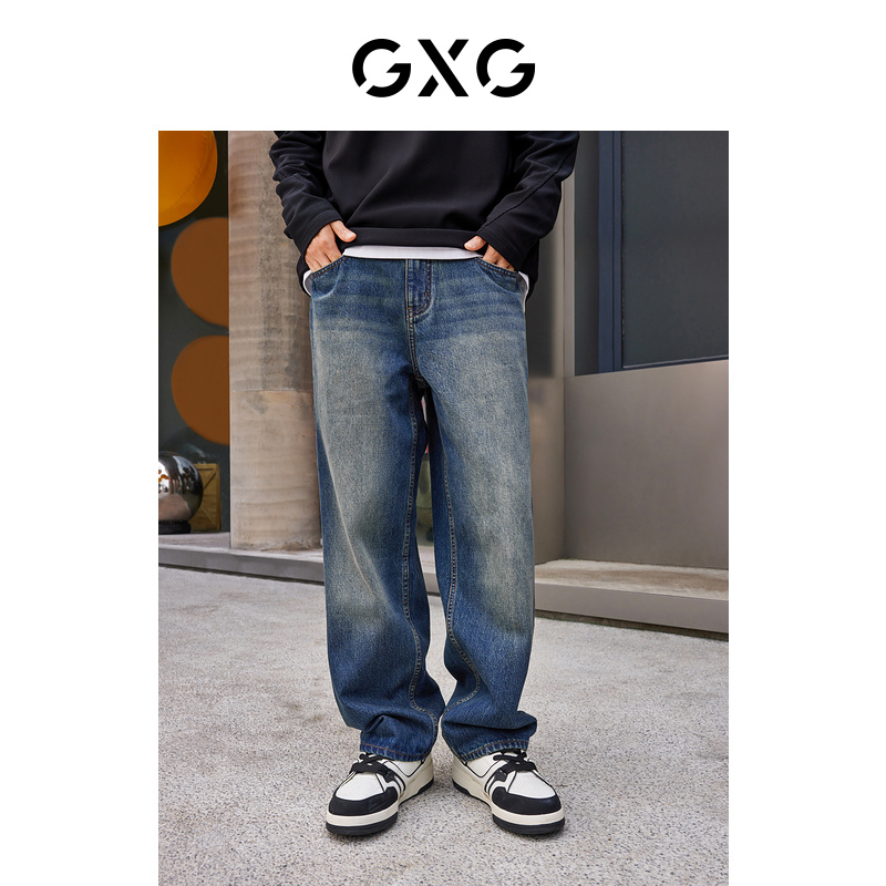 GXG男装 复古水洗牛仔裤男宽松微阔通勤休闲裤百搭长裤秋季裤子