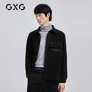 GXG男装2020年冬季新品黑色短款毛呢大衣男士潮流明线设计外套
