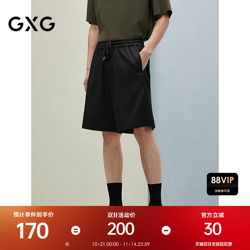 25夏季 GXG男装黑色经典百搭宽松立体小标装饰男士短裤五分裤