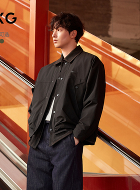 GXG男装 黑色牛仔拼接假两件教练夹克休闲茄克外套 25年冬季新品
