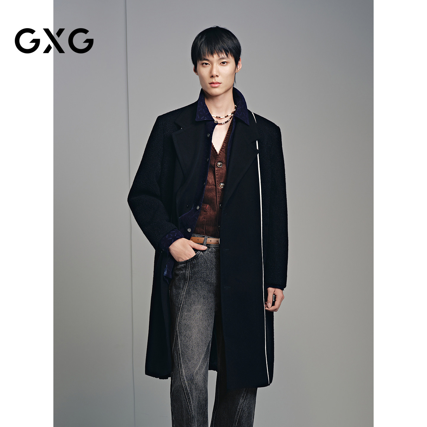 GXG男装冬季新款拼接长款大衣