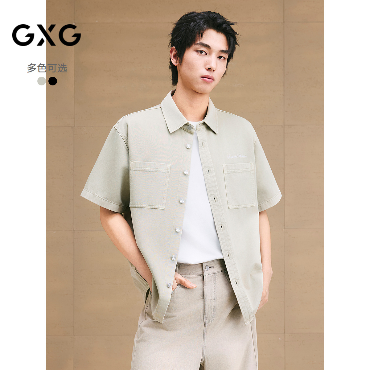 GXG男装 棉质水洗牛仔衬衫通勤男士短袖衬衣薄外套 2025夏季新品