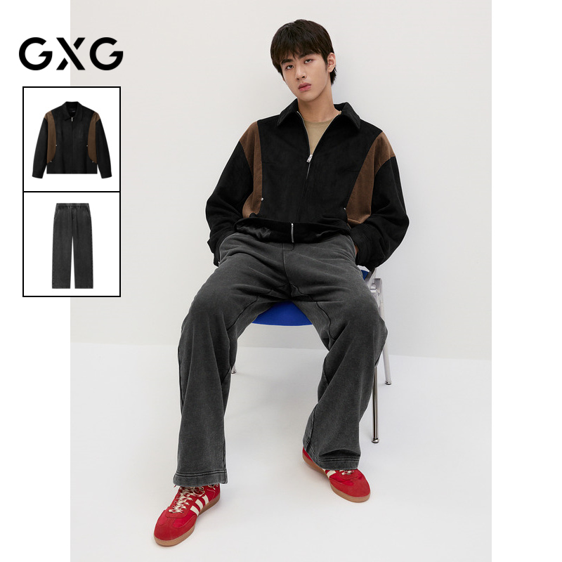 GXG男装 24年秋新款仿麂皮通勤翻领夹克黑灰宽松阔腿长裤休闲套装