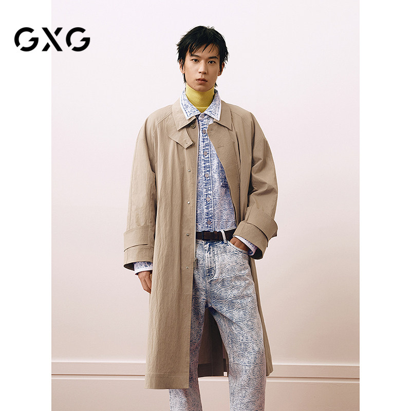 GXG男装 新春金蛇系列深卡其A型长款风衣25年春新品G25X081004