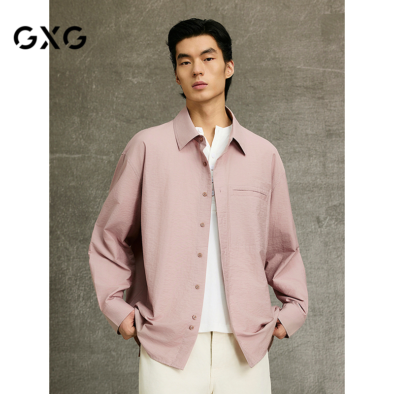 GXG男装 灰粉色微皱清新时尚翻领长袖衬衫 25春季新品G25X031001