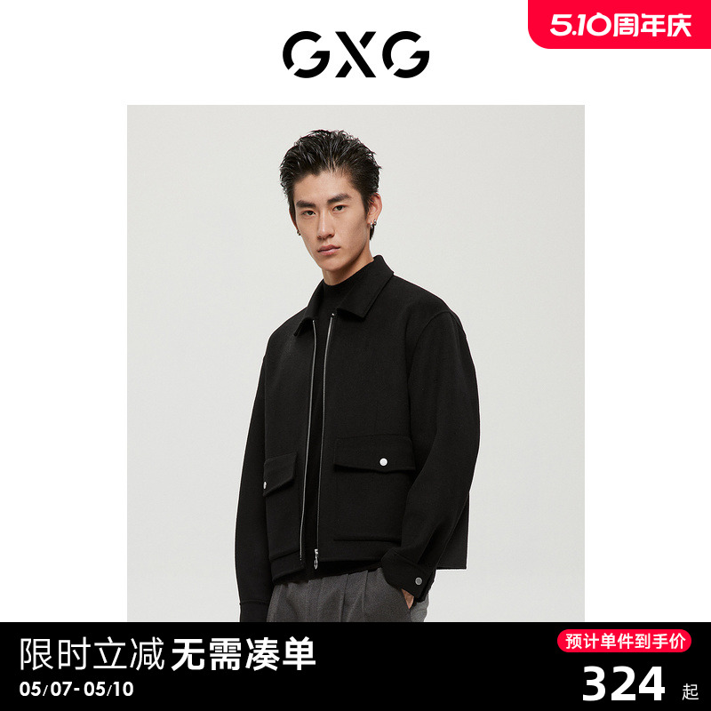 【羊毛】GXG男装商场同款经典蓝色系列黑色短大衣22年冬季新品