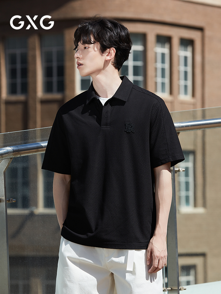 GXG men's clothing, thick twill texture, casual loose polo shirt, embroidered lapel, T-shirt, short sleeves, 25 summer new products