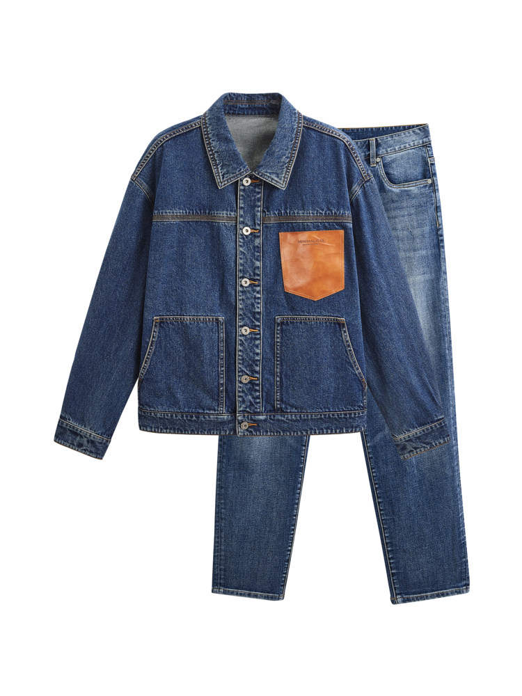 GXG MENS SPRING 24 PU LEATHER POCKET COMMUTER DENIM JACKET STRETCH WASH JEANS EVERYDAY CASUAL SET