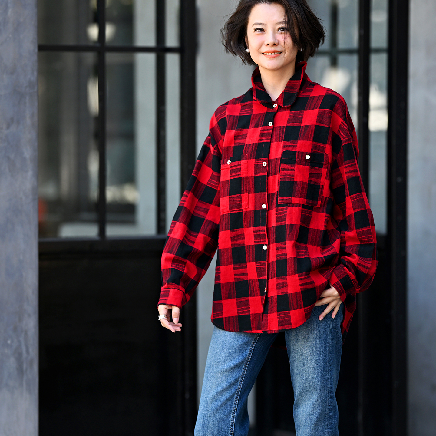 宽松中长薄款经典红黑格子衬衫