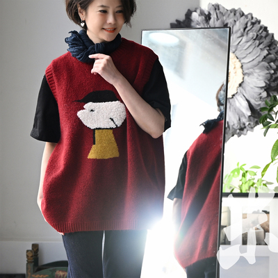 卡通织花圆领套头新年红针织马甲