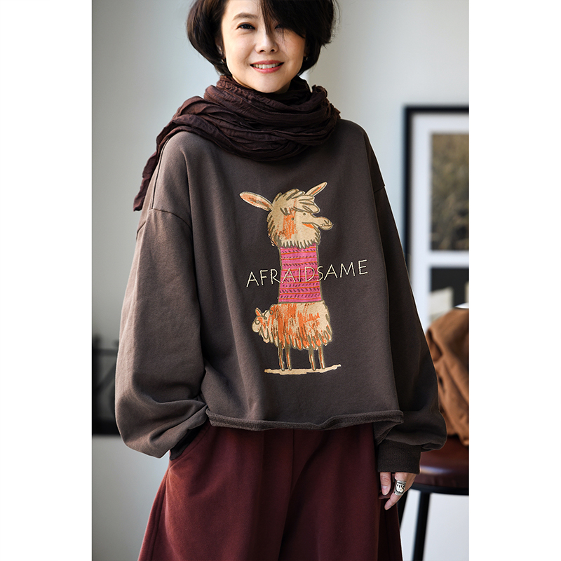 纯棉毛边可爱羊驼卡通印花卫衣