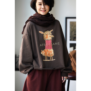 文艺休闲宽松纯棉毛边可爱羊驼卡通印花卫衣女秋 R88290 包邮