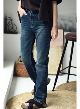 包邮 N1922C 文艺水洗怀旧深蓝色男友风显瘦直筒牛仔长裤女秋冬季