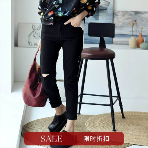 破洞黑色修身显瘦九分小脚牛仔裤