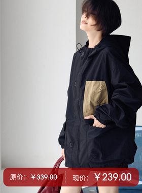 W1121C韩版休闲中性工装风宽松拼色大兜设计连帽拉链外套米兰宣言