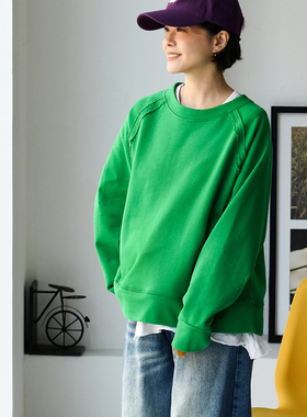 包邮R67261 韩版文艺休闲百搭外缝圆领插肩袖显瘦纯棉套头卫衣女