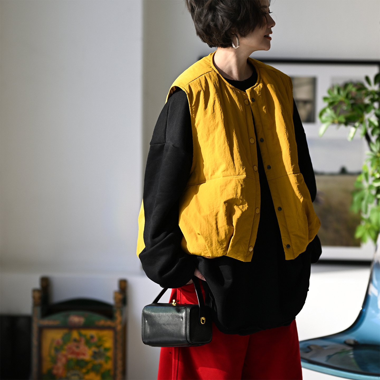 宽松南瓜抽褶单眼皮双兜马甲