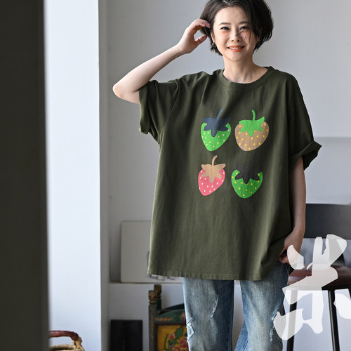 文艺休闲草莓印花短袖T恤女